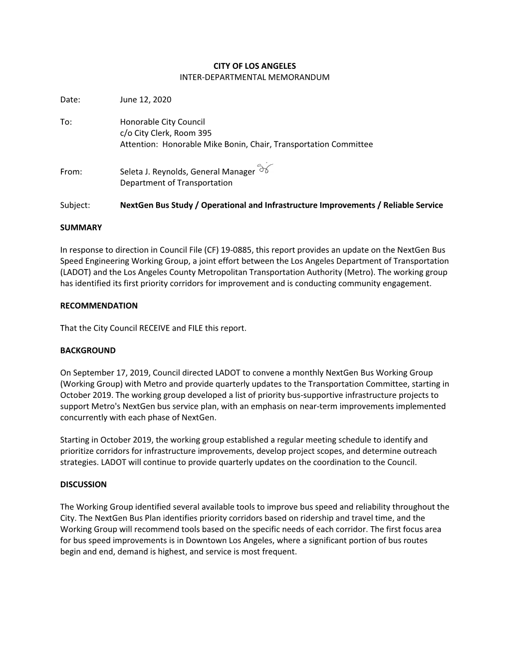 CITY of LOS ANGELES INTER-DEPARTMENTAL MEMORANDUM Date: June 12, 2020 To: Honorable City Council C/O City Clerk, Room 395 Atten