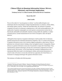 Chinese Efforts in Quantum Information Science: Drivers, Milestones, and Strategic Implications Testimony for the U.S.-China Economic and Security Review Commission