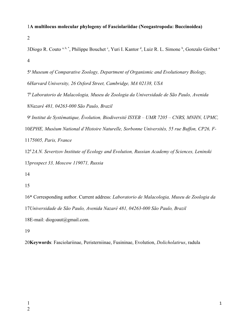 A Multilocus Molecular Phylogeny of Fasciolariidae (Neogastropoda: Buccinoidea)