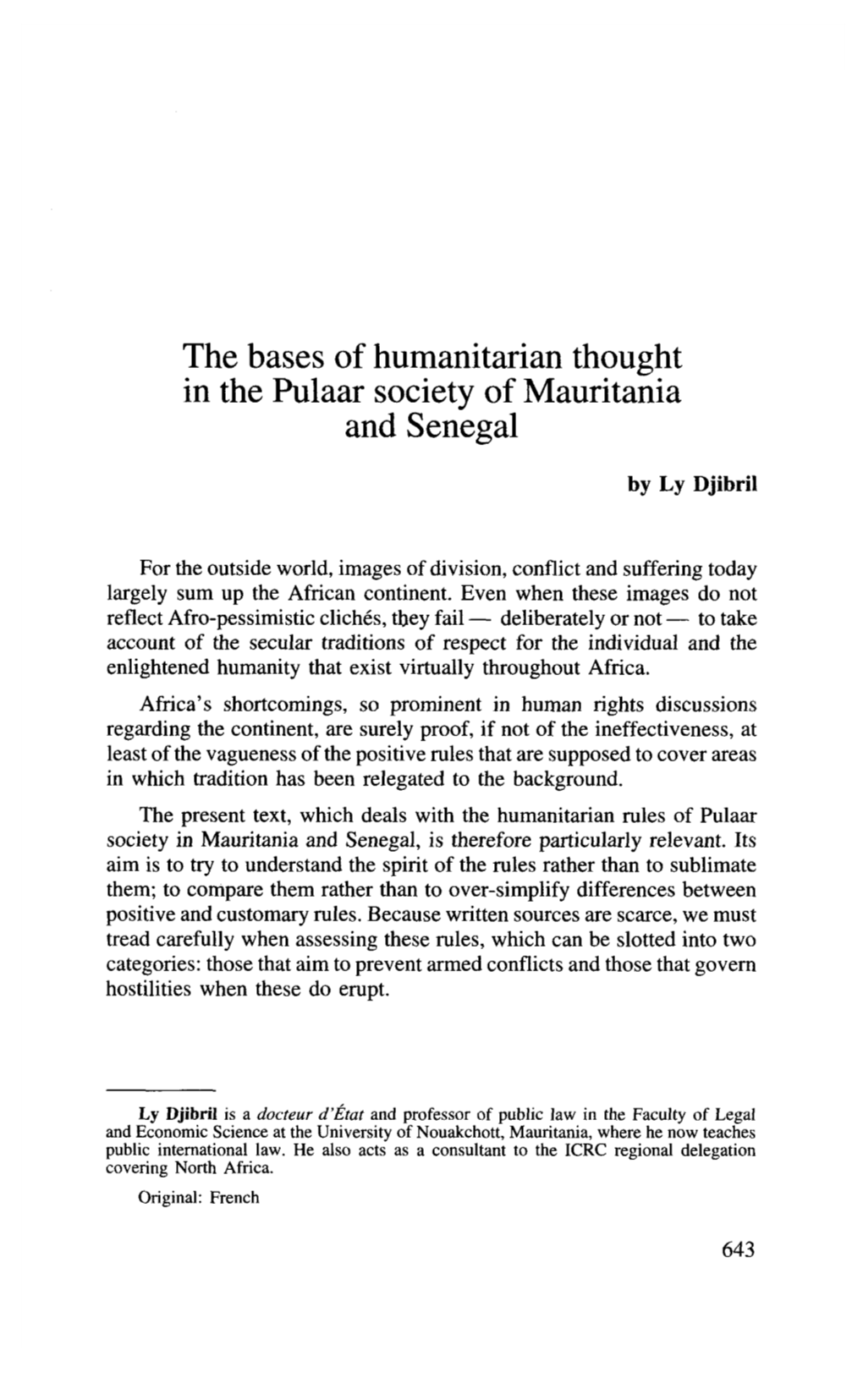 The Bases of Humanitarian Thought in the Pulaar Society of Mauritania and Senegal