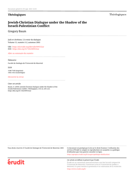 Jewish-Christian Dialogue Under the Shadow of the Israeli-Palestinian Conflict Gregory Baum