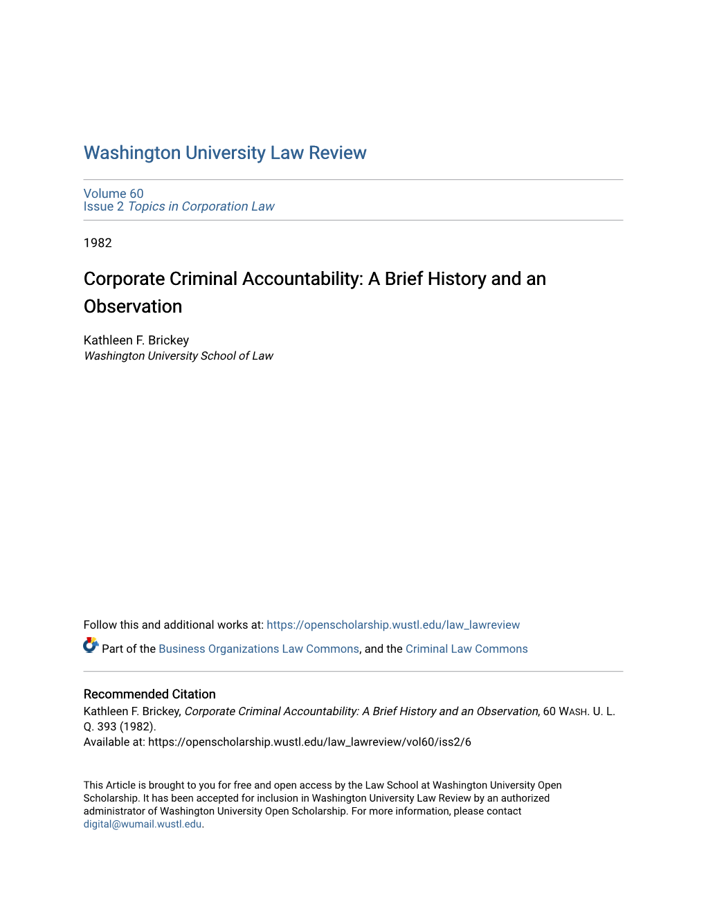 Corporate Criminal Accountability: a Brief History and an Observation