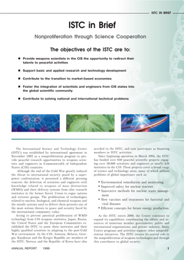 ISTC in BRIEF ISTC in Brief Nonproliferation Through Science Cooperation