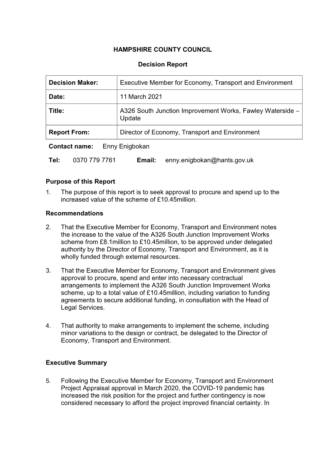 A326 South Junction Improvement Works Fawley Waterside-2021-03-11-EMETE Decision