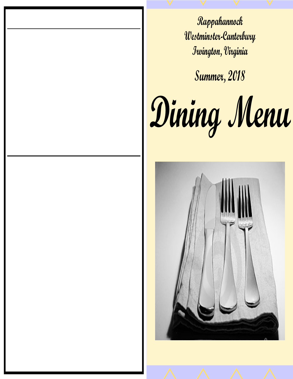 Summer, 2018 Dining Menu