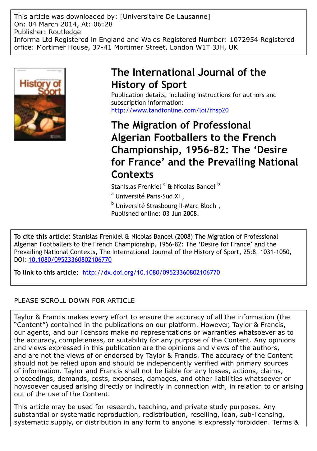 The International Journal of the History of Sport