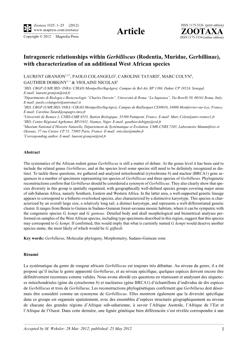 Rodentia, Muridae, Gerbillinae), with Characterization of an Additional West African Species