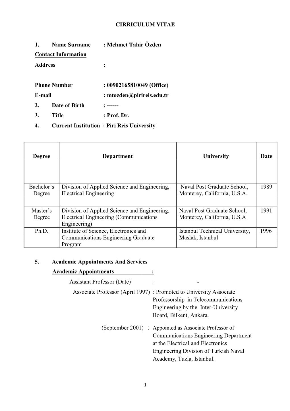 Mehmet Tahir Özden Contact Information Address