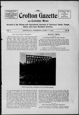 Crofton Gazette Ant) Cowicban Flews Devoted to the Mining and Agricultural Interests of Vancouver Island, Texada Island, and Coast Mainland Districts