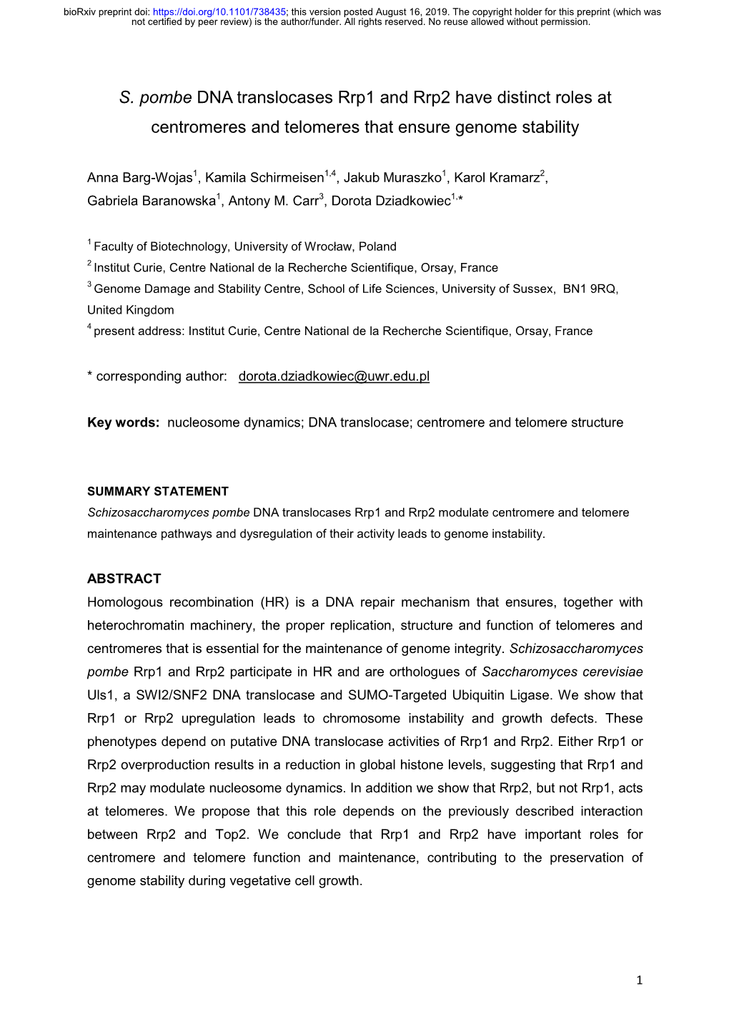 S. Pombe DNA Translocases Rrp1 and Rrp2 Have Distinct Roles At