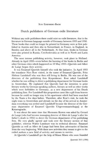 SUSI EISENBERG-BACH Dutch Publishers of German Exile Literature Without Any Exile Publishers There Could Exist No Exile Literatu