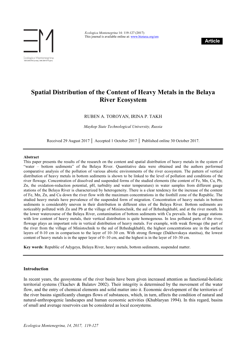 Spatial Distribution of the Content of Heavy Metals in the Belaya River Ecosystem