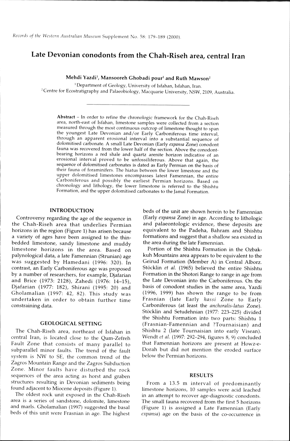 Late Devonian Conodonts from the Chah-Riseh Area, Central Iran