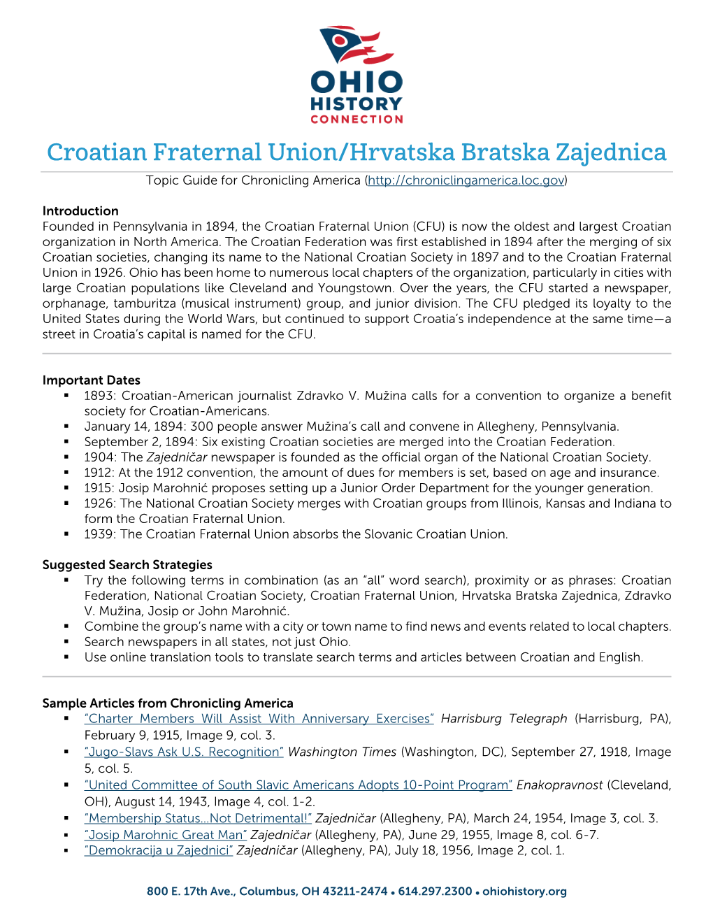 Croatian Fraternal Union/Hrvatska Bratska Zajednica Topic Guide for Chronicling America (