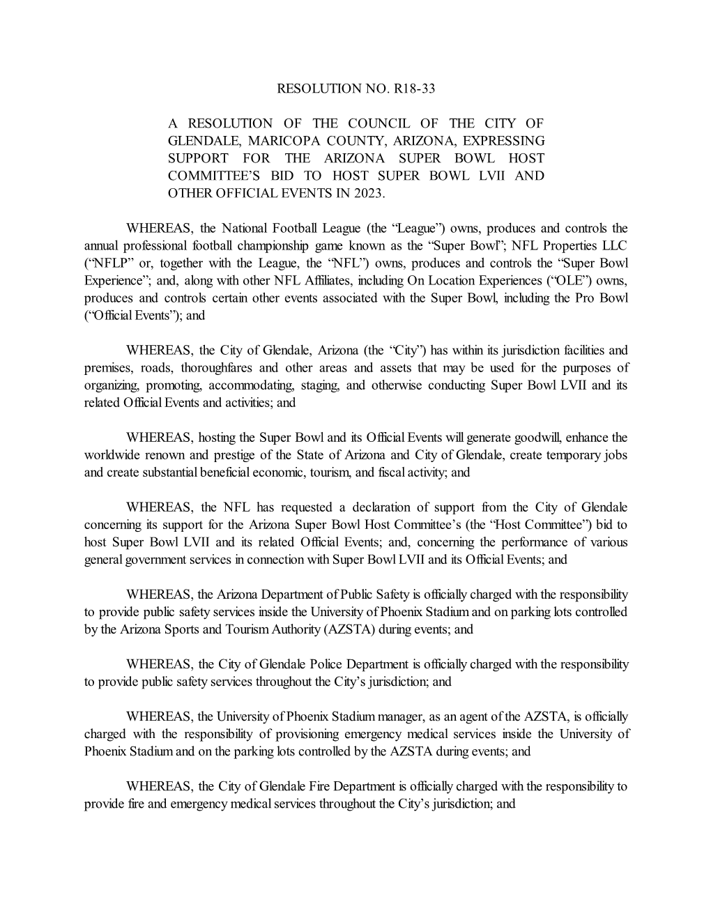 Resolution No. R18-33 a Resolution of the Council of the City of Glendale, Maricopa County, Arizona, Expressing Support For