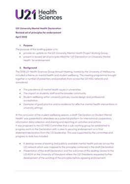 U21 University Mental Health Declaration Revised Set of Principles for Endorsement April 2020 1. Purpose the Purpose of This B