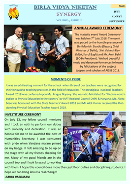 BIRLA VIDYA NIKETAN PAGE 1 JULY SYNERGY AUGUST VOLUME 5, ISSUE II SEPTEMBER ANNUAL AWARD CEREMONY the Majestic Event ‘Award Ceremony’ Was Held on 7Th July 2018