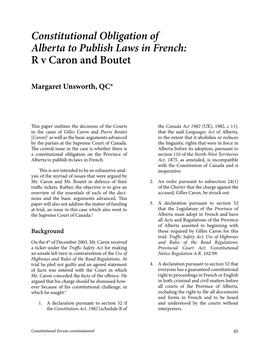 Constitutional Obligation of Alberta to Publish Laws in French: R V Caron and Boutet