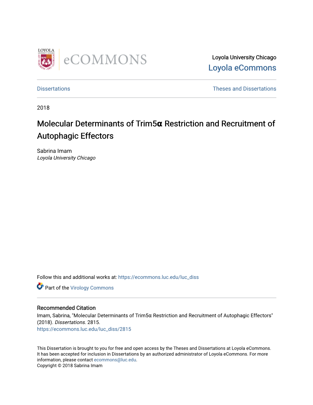 Molecular Determinants of Trim5α Restriction and Recruitment of Autophagic Effectors