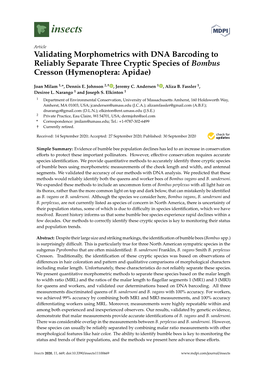 Validating Morphometrics with DNA Barcoding to Reliably Separate Three Cryptic Species of Bombus Cresson (Hymenoptera: Apidae)