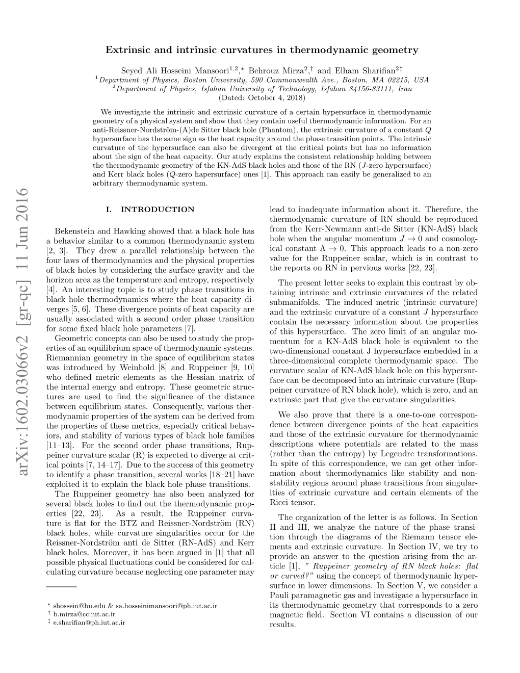 Extrinsic and Intrinsic Curvatures in Thermodynamic Geometry