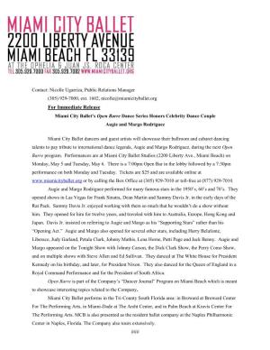 For Immediate Release Miami City Ballet’S Open Barre Dance Series Honors Celebrity Dance Couple Augie and Margo Rodriguez