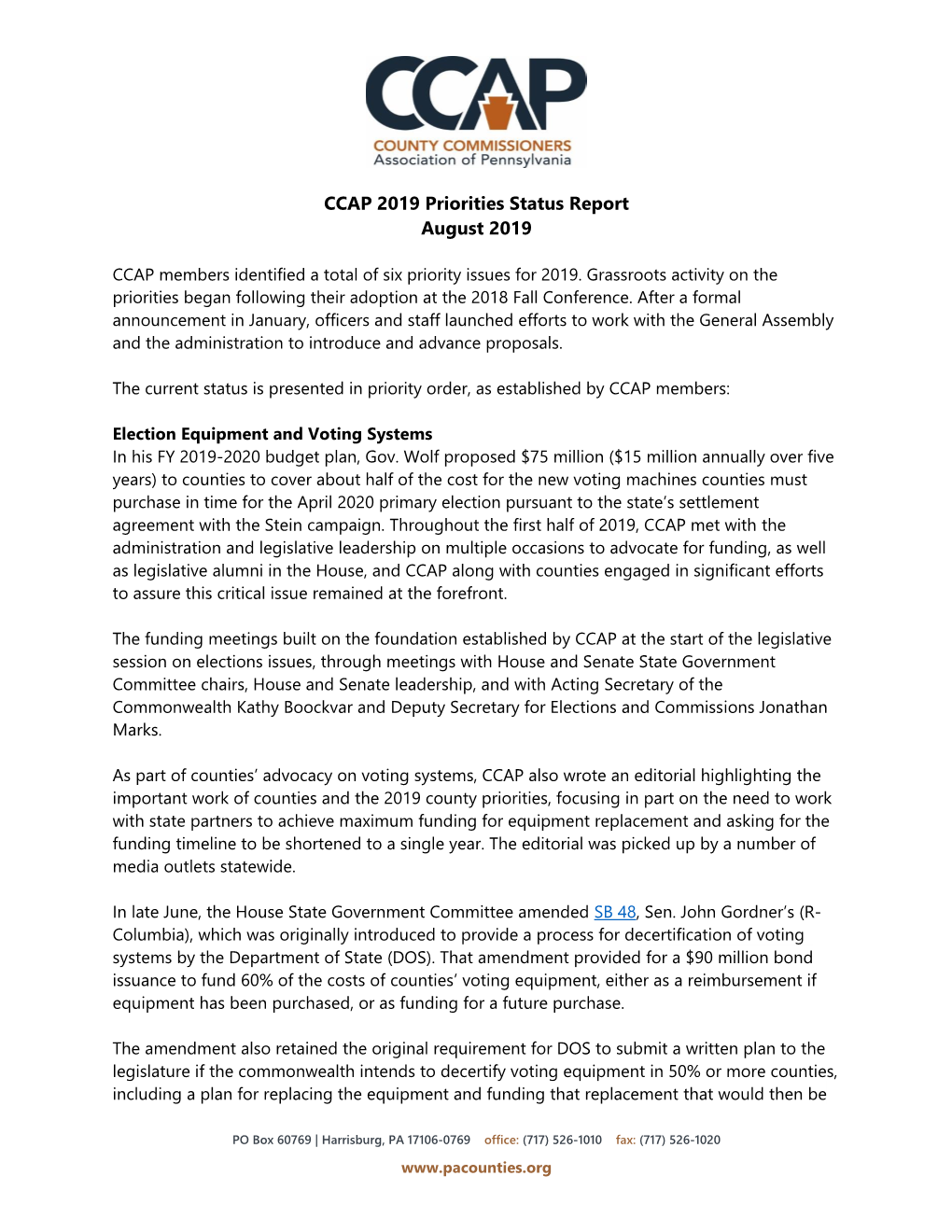 CCAP 2019 Priorities Status Report August 2019