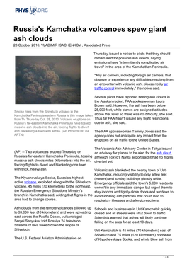 Russia's Kamchatka Volcanoes Spew Giant Ash Clouds 28 October 2010, VLADIMIR ISACHENKOV , Associated Press