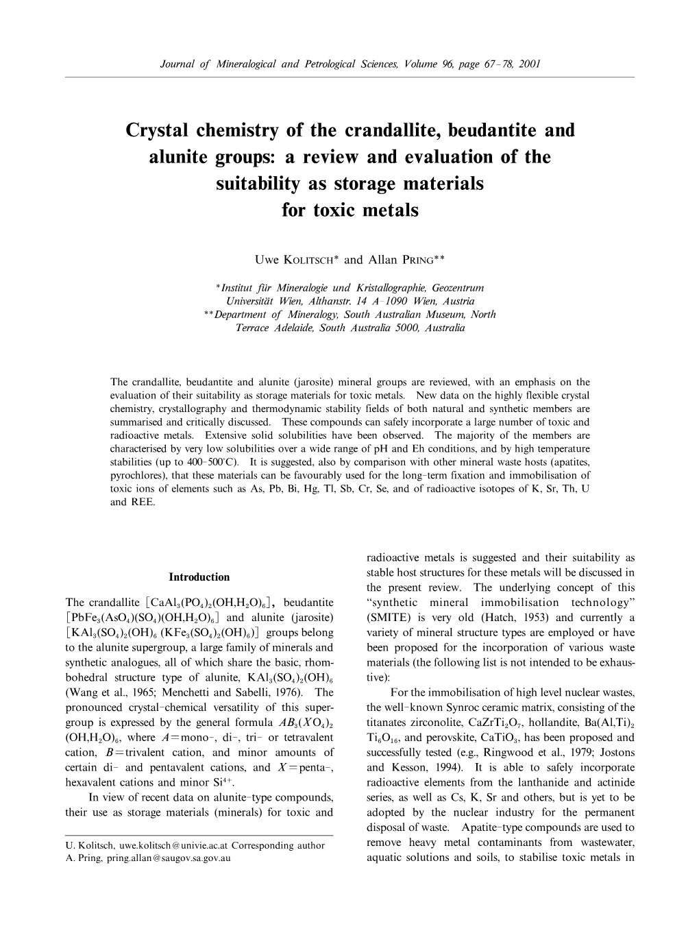 Crystal Chemistry of the Crandallite, Beudantite and Alunite Groups