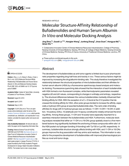 Molecular Structure-Affinity Relationship of Bufadienolides and Human Serum Albumin in Vitro and Molecular Docking Analysis