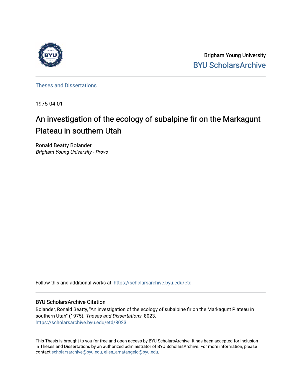 An Investigation of the Ecology of Subalpine Fir on the Markagunt Plateau in Southern Utah