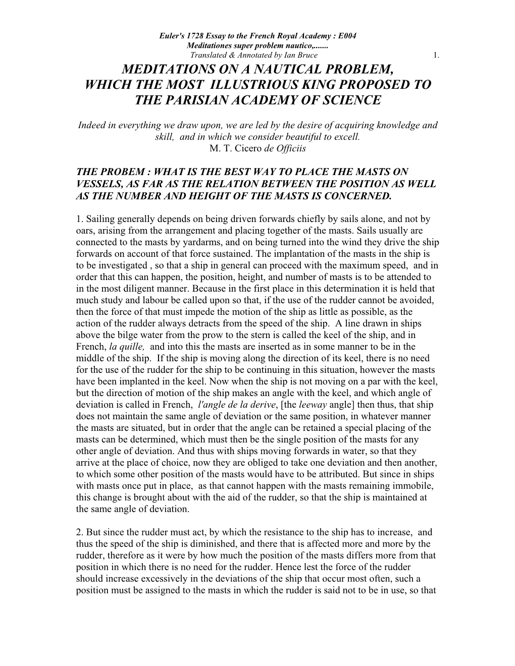 Meditations on a Nautical Problem, Which the Most Illustrious King Proposed to the Parisian Academy of Science