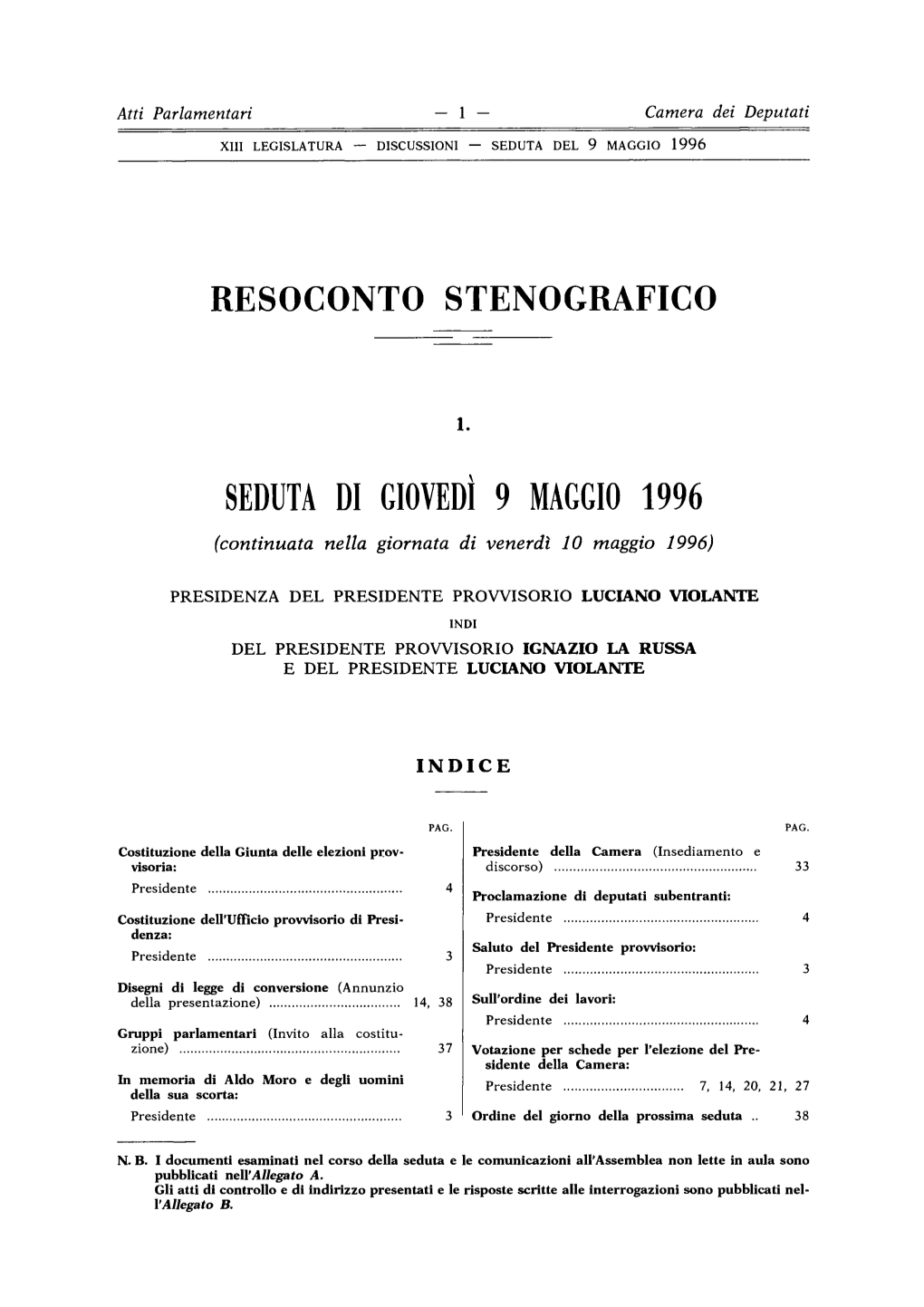 SEDUTA DI GIOVEDÌ 9 MAGGIO 1996 (Continuata Nella Giornata Di Venerdì 10 Maggio 1996)