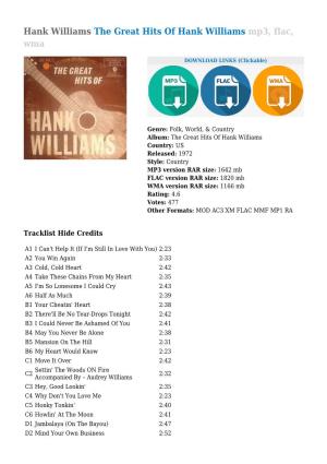 Hank Williams the Great Hits of Hank Williams Mp3, Flac, Wma