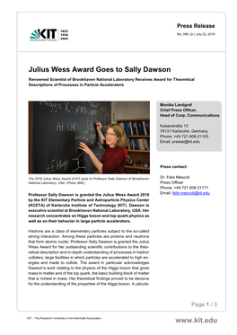 Julius Wess Award Goes to Sally Dawson
