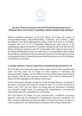 The Four Motors for Europe at the 2019 World Manufacturing Forum “Regional Visions and Practices Responding to Global Manufacturing Challenges”