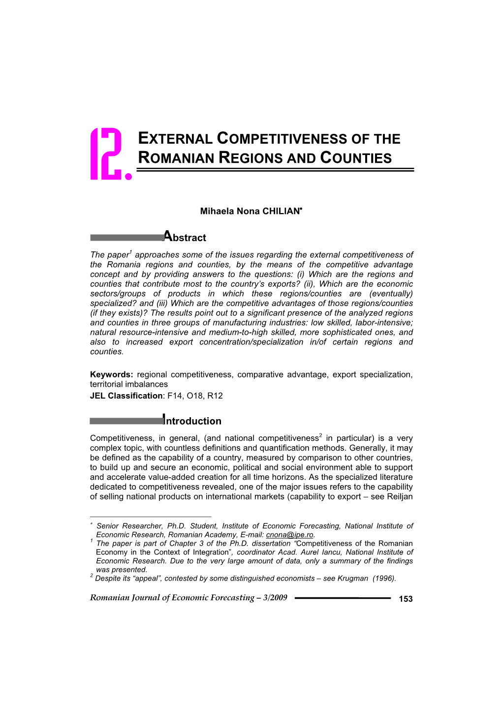 External Competitiveness of the Romanian Regions and Counties 12