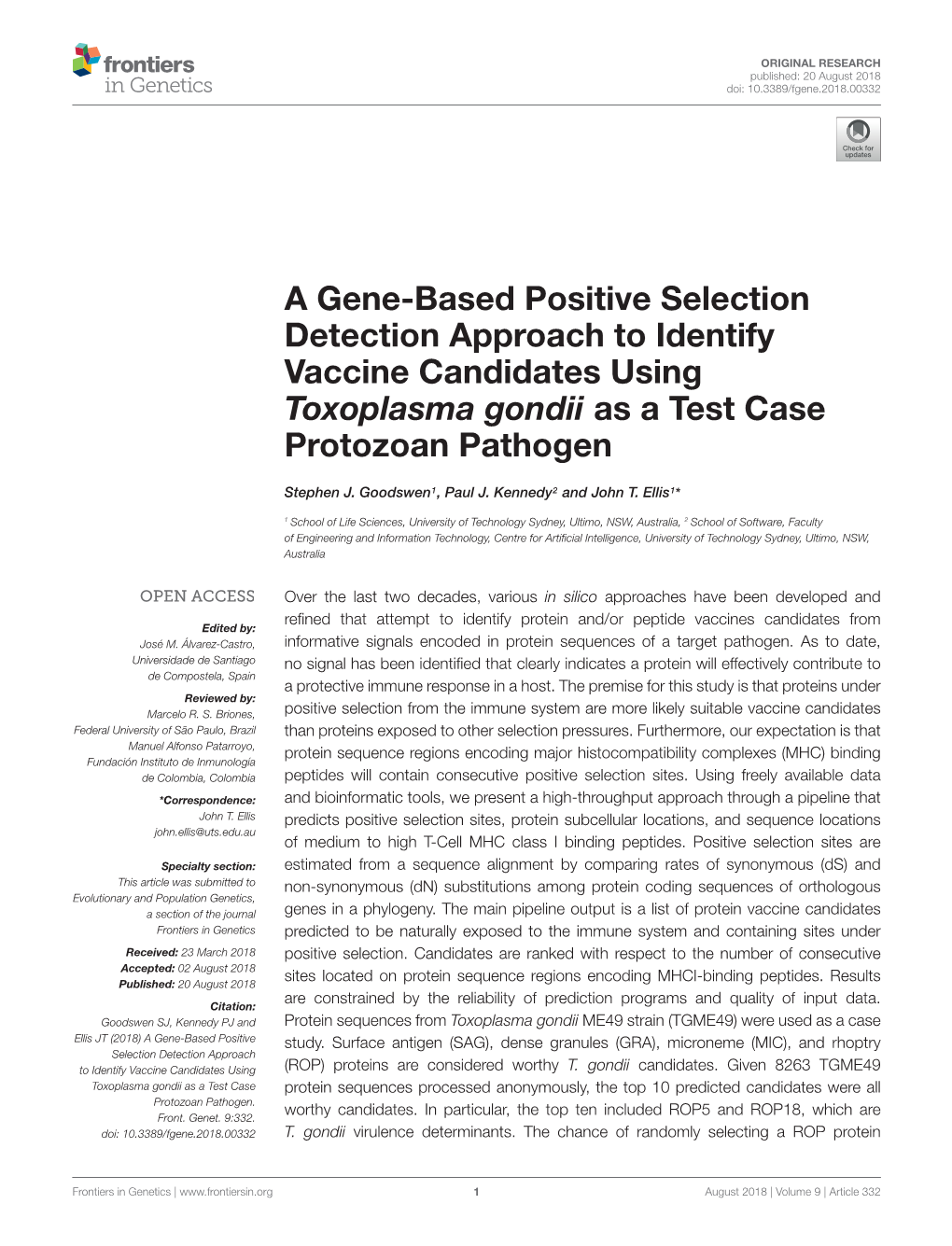 A Gene-Based Positive Selection Detection Approach to Identify Vaccine Candidates Using Toxoplasma Gondii As a Test Case Protozoan Pathogen