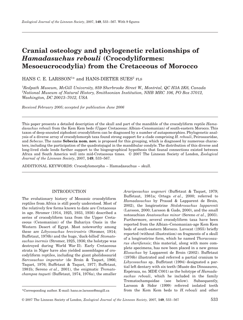 Cranial Osteology and Phylogenetic Relationships of Hamadasuchus Rebouli (Crocodyliformes: Mesoeucrocodylia) from the Cretaceous of Morocco