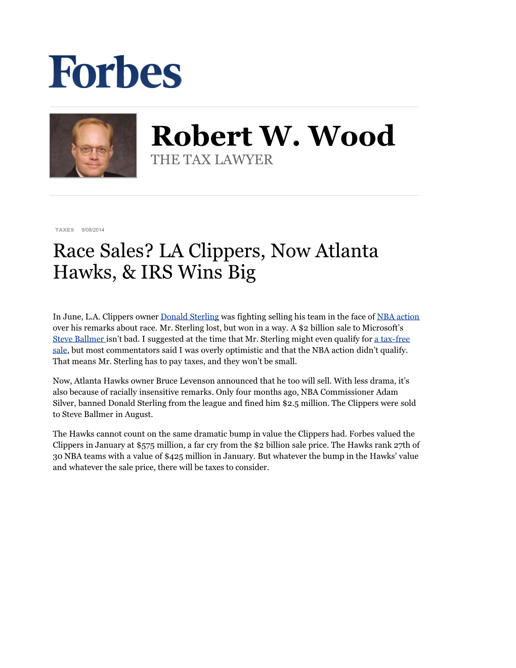 Race Sales? LA Clippers, Now Atlanta Hawks, & IRS Wins