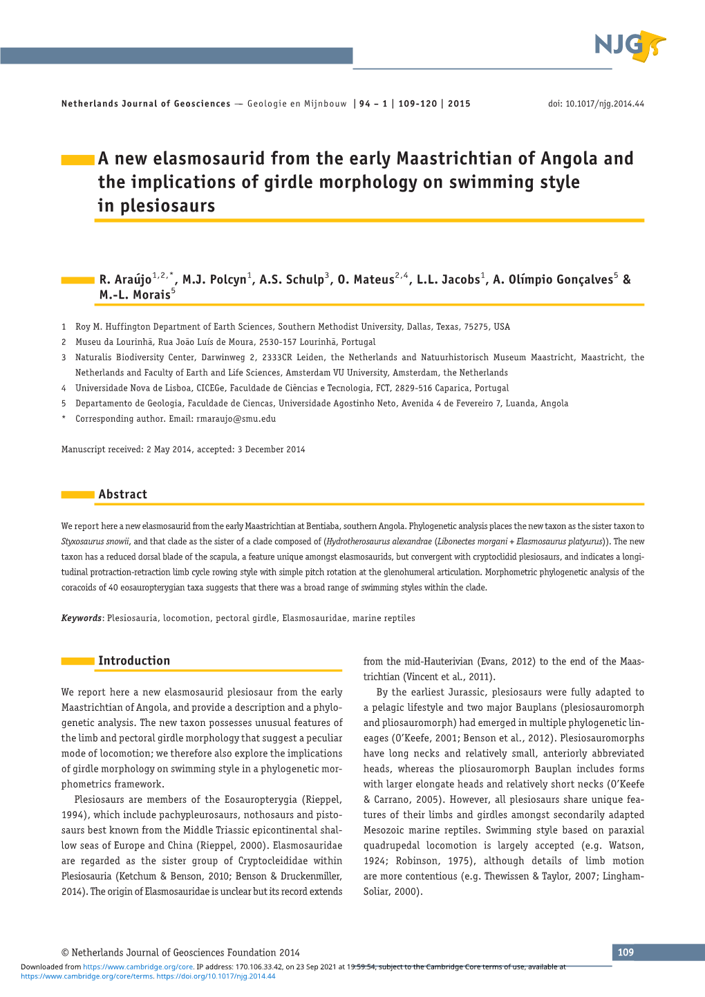 A New Elasmosaurid from the Early Maastrichtian of Angola and the Implications of Girdle Morphology on Swimming Style in Plesiosaurs