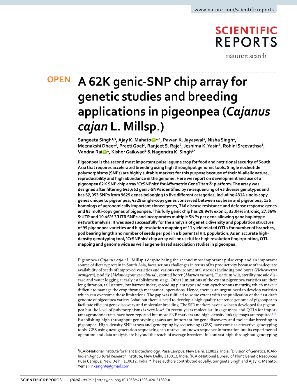 A 62K Genic-SNP Chip Array for Genetic Studies and Breeding Applications in Pigeonpea (Cajanus Cajan L