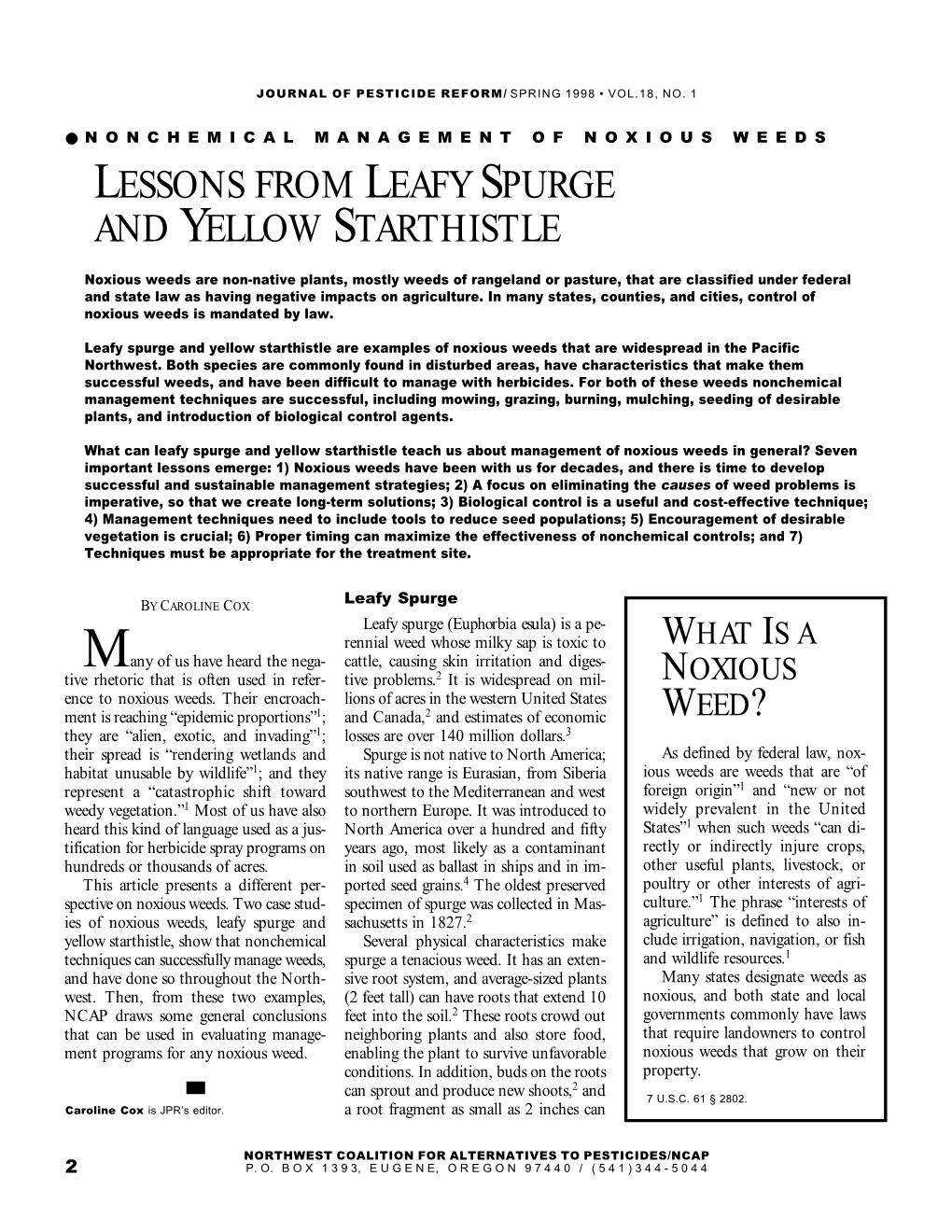 Lessons from Leafy Spurge and Yellow Starthistle