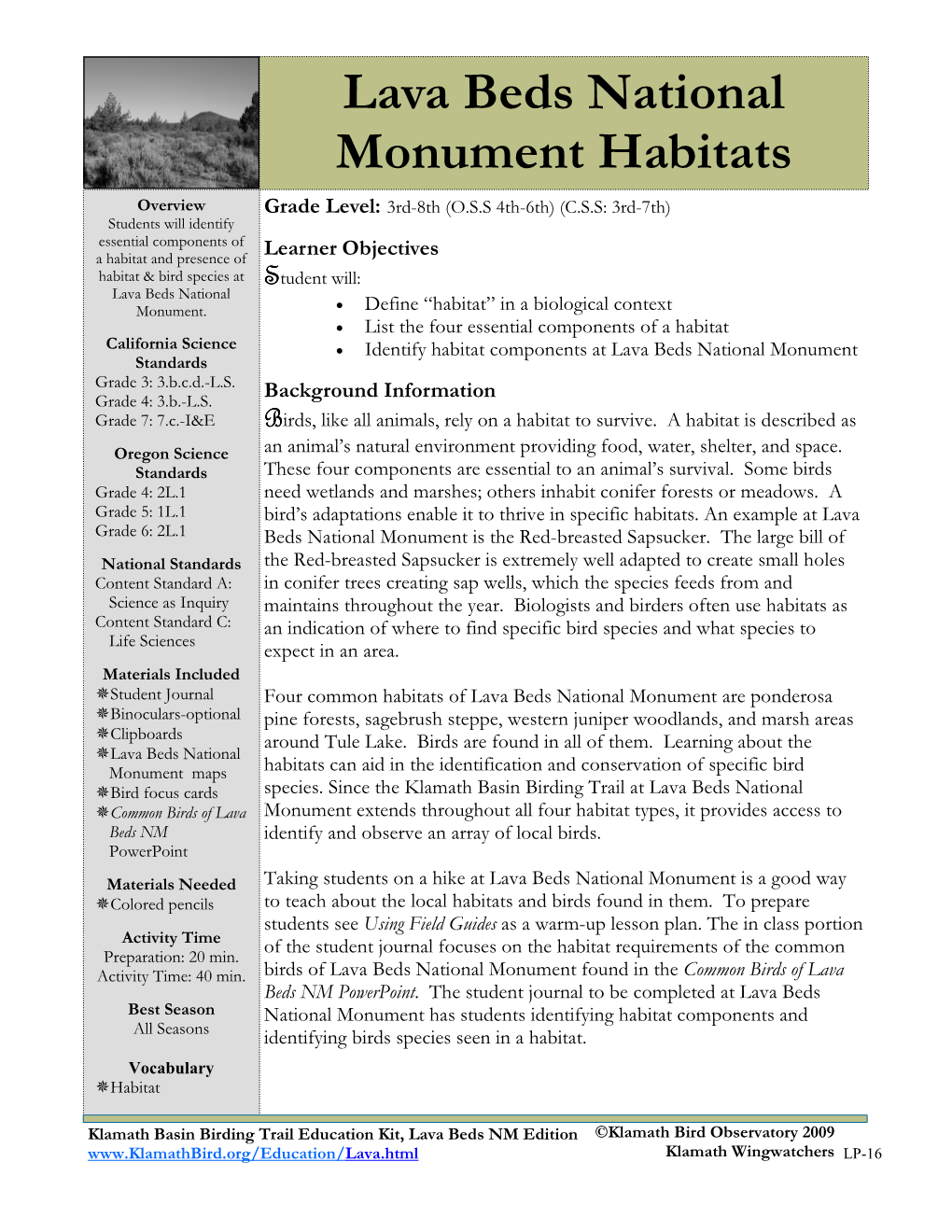 KBBT Lava Beds Habitats Lesson Plan