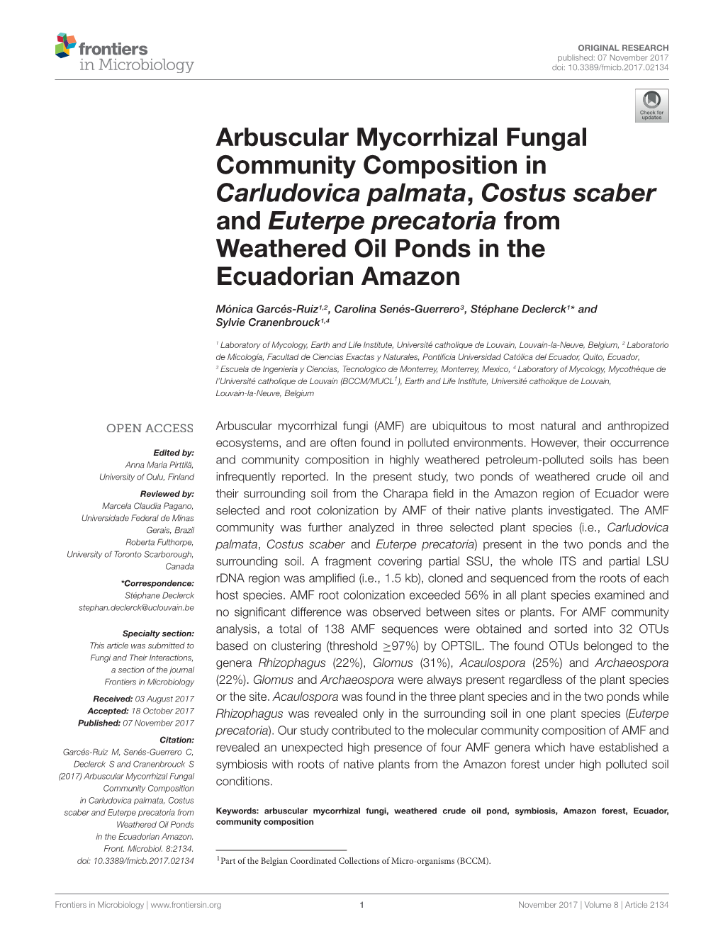 Arbuscular Mycorrhizal Fungal Community Composition in Carludovica Palmata, Costus Scaber and Euterpe Precatoria from Weathered Oil Ponds in the Ecuadorian Amazon