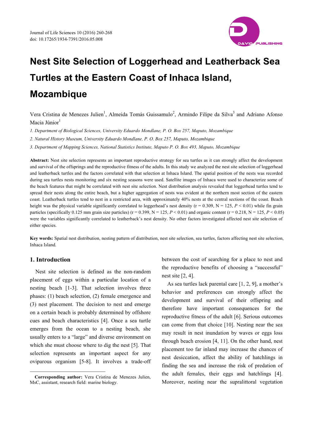 Nest Site Selection of Loggerhead and Leatherback Sea Turtles at the Eastern Coast of Inhaca Island, Mozambique