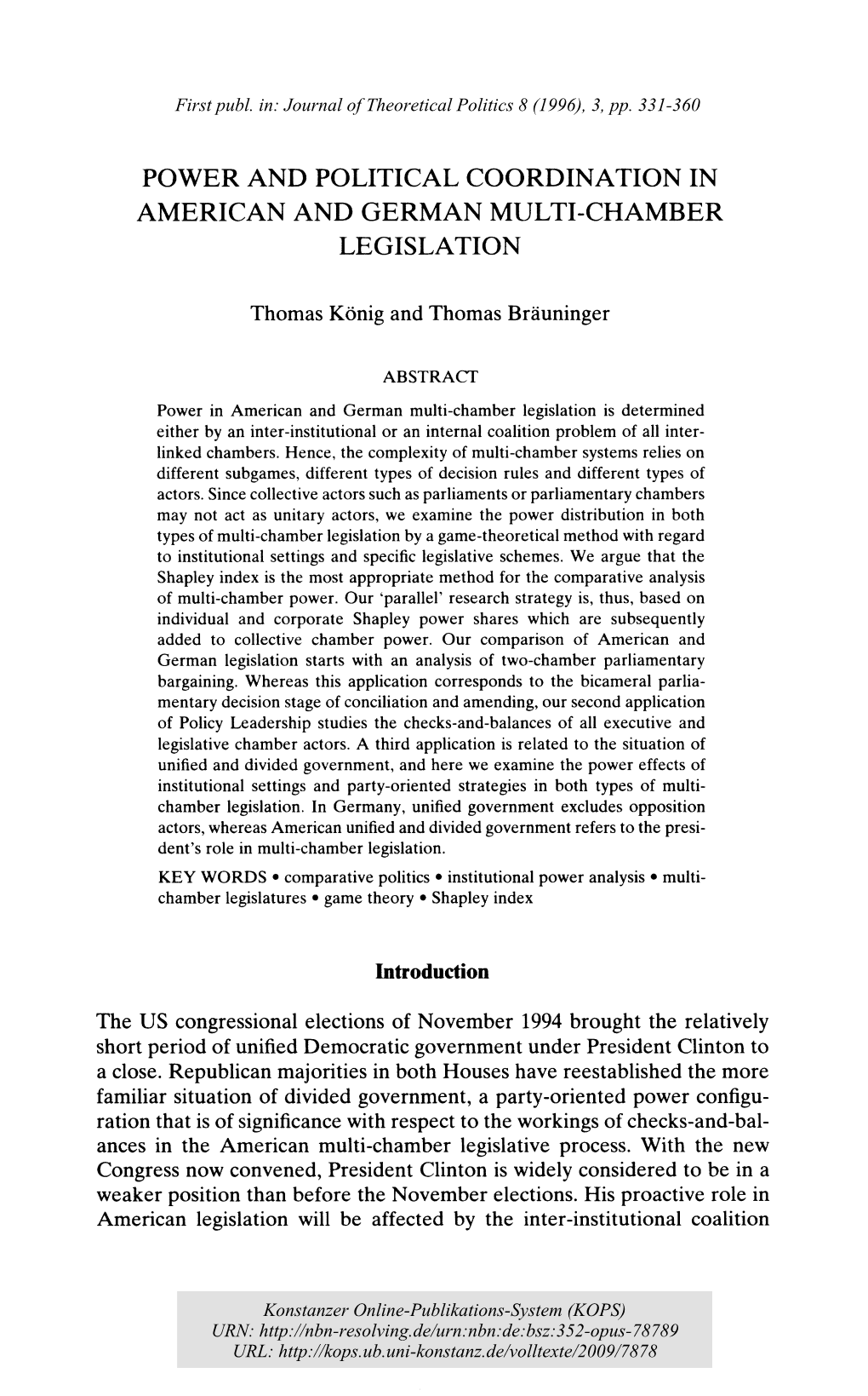 Power and Political Coordination in American and German Multi-Chamber Legislation