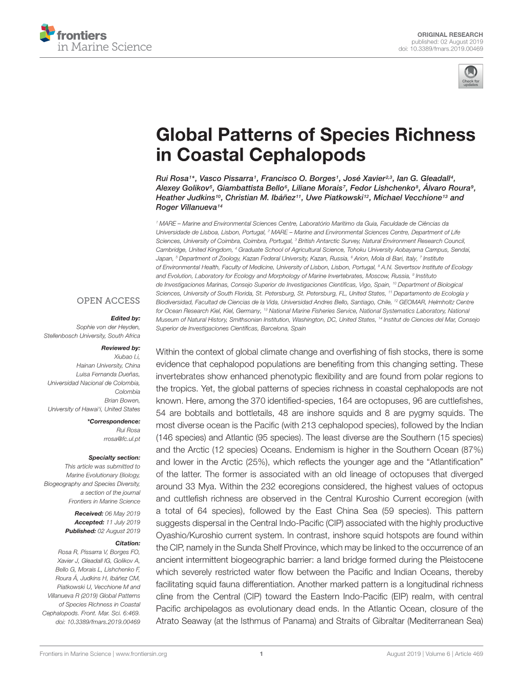 Global Patterns of Species Richness in Coastal Cephalopods