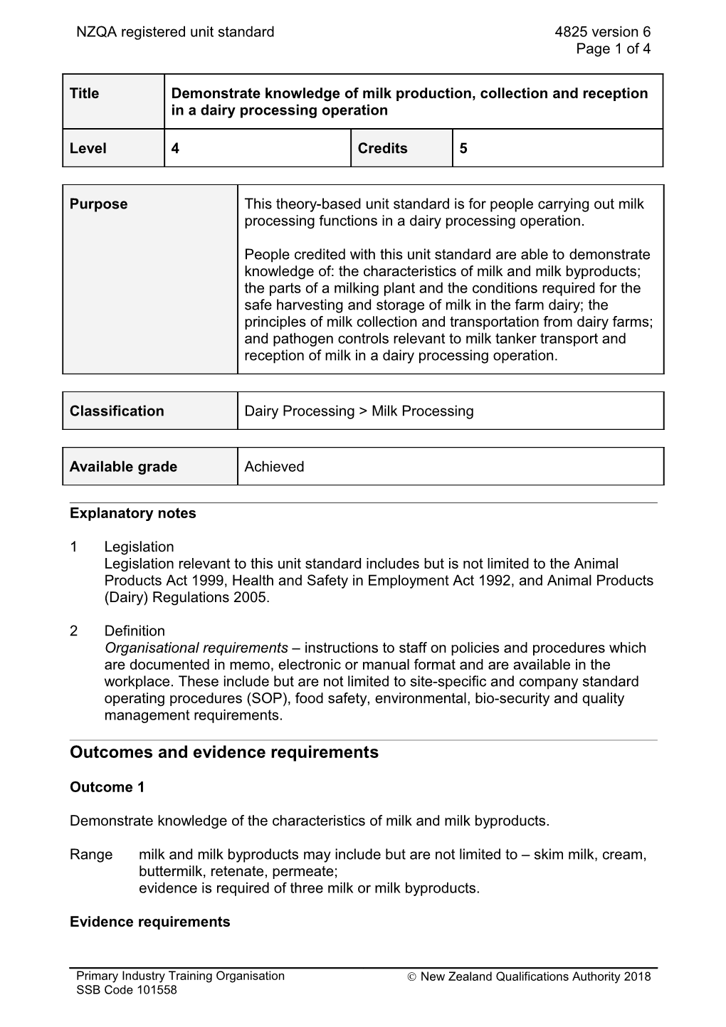 4825 Demonstrate Knowledge of Milk Production, Collection and Reception in a Dairy Processing