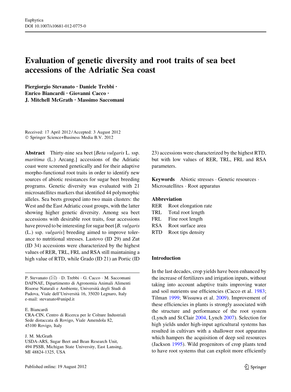 Evaluation of Genetic Diversity and Root Traits of Sea Beet Accessions of the Adriatic Sea Coast